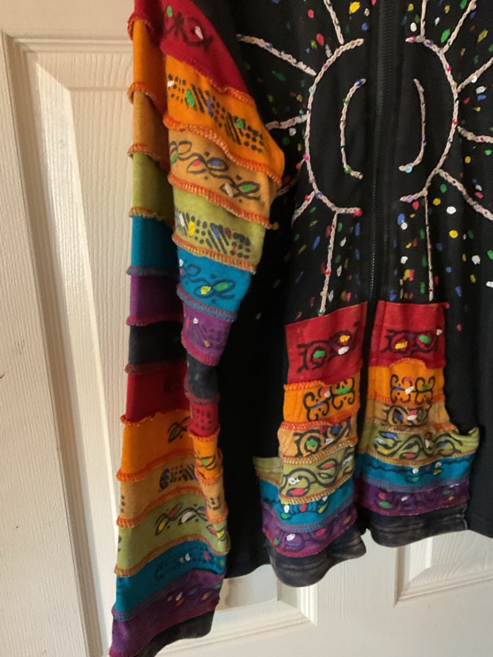 Rising International Hand-Painted Sun Zip Hoodie with Patchwork size-Large - Picture 2 of 4